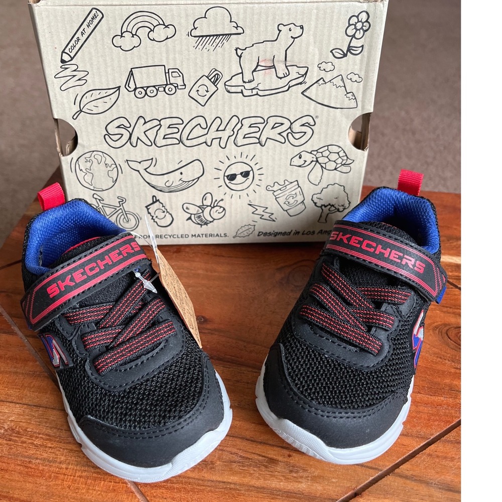Skechers Comfy Flex Mini Trainer‎ Toddler Boys Black Red Blue Sneakers Size 6